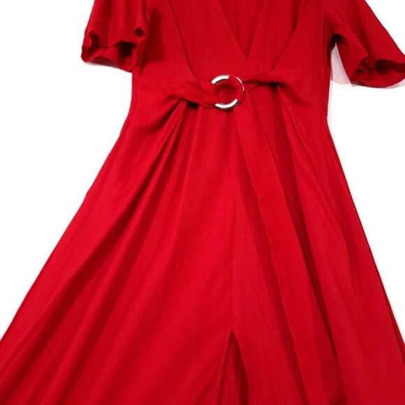 REFORMATION Melanie Belted Wrap Short Sleeve Plunging Midi Dress Cherry Red 2 - Picture 11 of 11